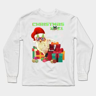 Merry Christmas 2021, Cat with a hat, Christmas gift Long Sleeve T-Shirt